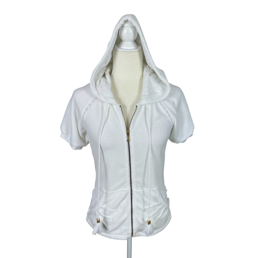 Juicy Couture Velour Short Sleeve Hoodie Lace Ruffles White S Coquette Y2K Style